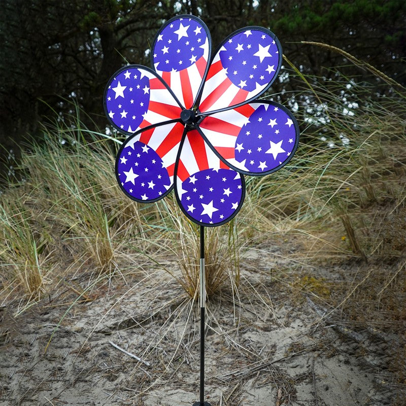 Outdoor 19 inch Patriotic Star Flower Wheel Ground Spinner