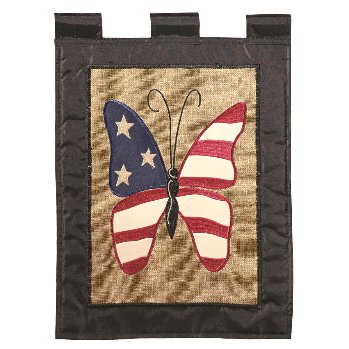 Patriotic Butterfly Burlap Garden Flag with double-thickness design, intricate applique stitching, and durable burlap and nylon construction for patriotic outdoor décor.