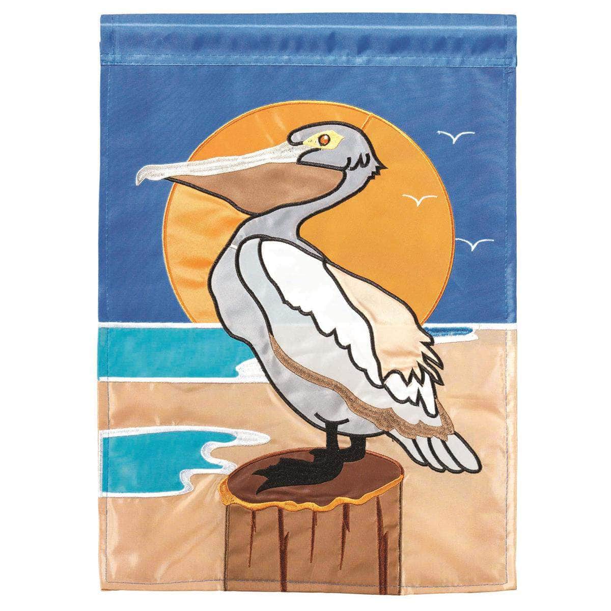 Pelican Sun Garden Flag with double-thickness design, intricate applique stitching, and durable nylon construction for coastal outdoor décor.