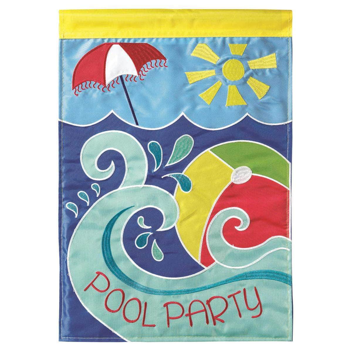 Pool Party Umbrella Garden Flag with double-thickness design, intricate applique stitching, and durable nylon construction for vibrant outdoor décor.