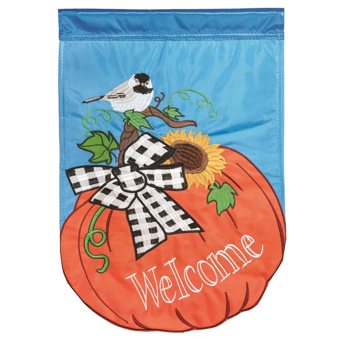 Pumpkin Chickadee flag with vibrant fall design, intricate embroidery, and durable construction for autumn outdoor decor.