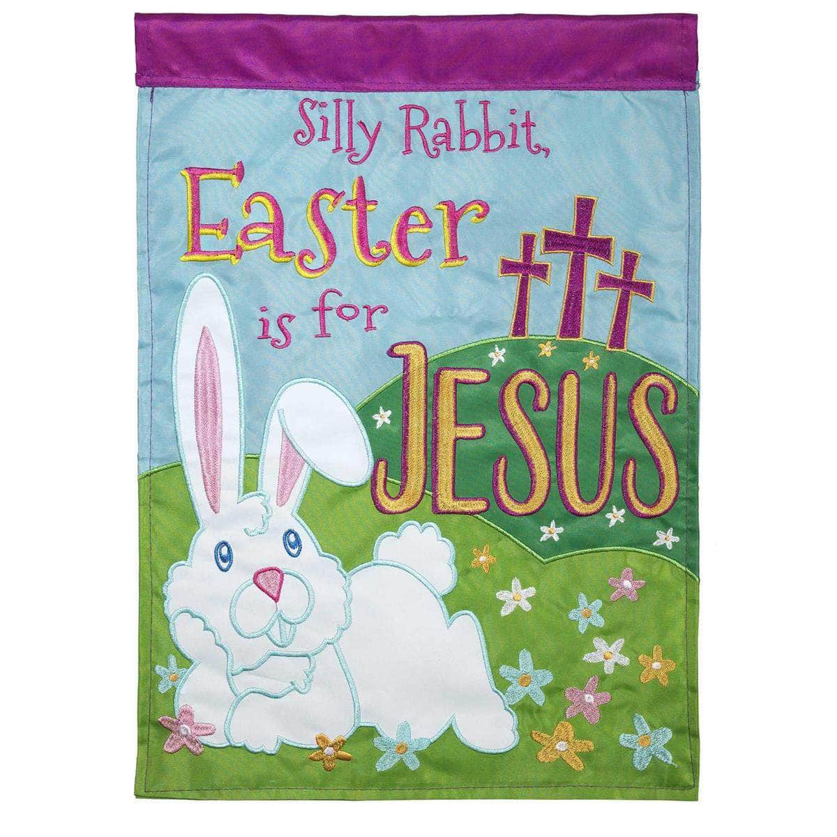 Silly Rabbit flag with playful design, intricate embroidery, and durable construction for outdoor Easter celebrations.