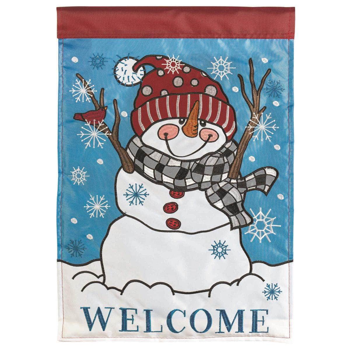 Snowman Welcome flag with vibrant design, intricate embroidery, and durable construction for winter outdoor decor.