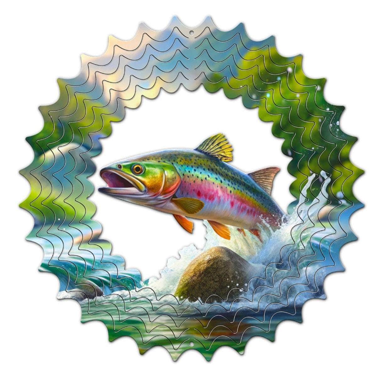 12-inch trout metal spinner creates an animated effect, adding vibrant color and dynamic motion to your garden, patio, or outdoor decor with a lifelike trout design.