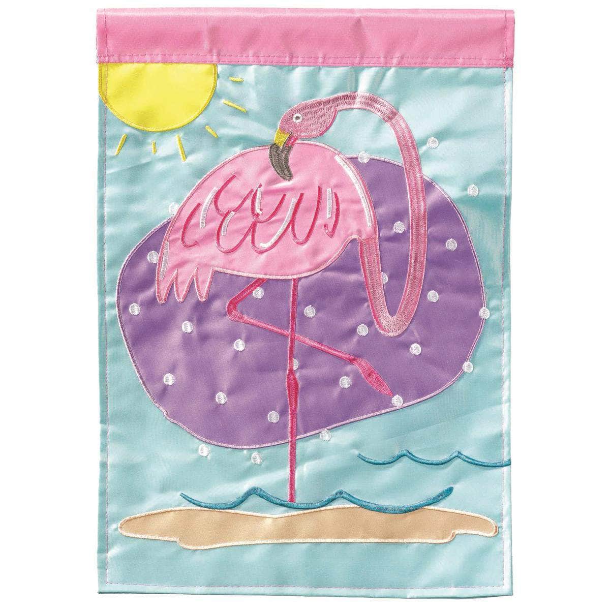 Summer Flamingo banner flag with vibrant design, intricate embroidery, and durable construction for tropical outdoor decor.