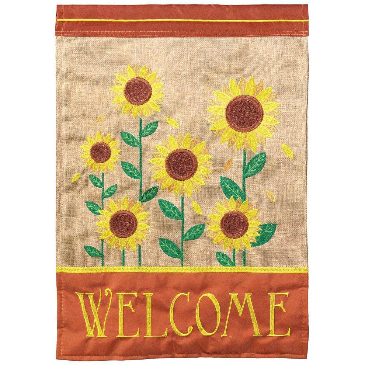 Sunflowers Welcome Burlap banner flag with vibrant design, intricate embroidery, and durable construction for floral outdoor decor.