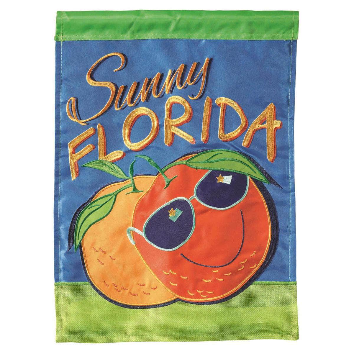 Sunny Florida Oranges Garden Flag with double-thickness design, intricate applique stitching, and durable nylon construction for tropical outdoor décor.
