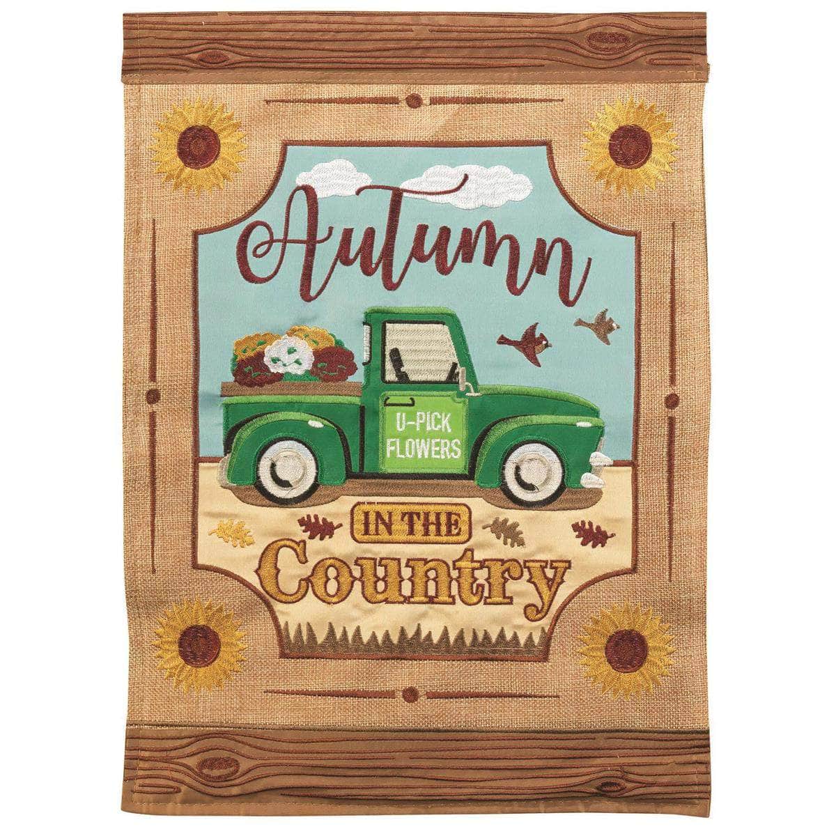 Truck Autumn In The Country flag with vibrant fall design, intricate embroidery, and durable construction for seasonal outdoor decor.