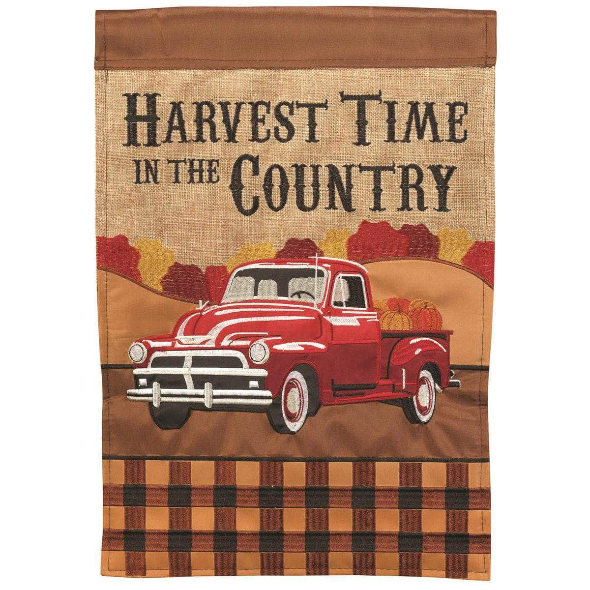 Truck Harvest flag with vintage design, intricate embroidery, and durable construction for fall outdoor decor.