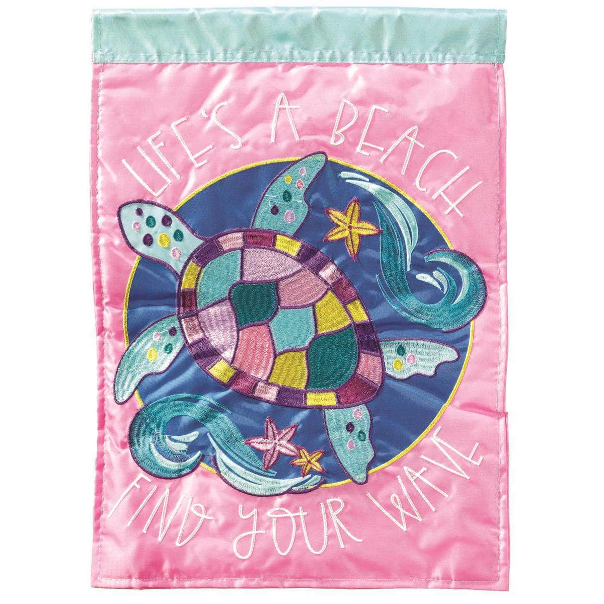Turtle Life's A Beach banner flag with vibrant design, intricate embroidery, and durable construction for beach-themed outdoor decor.