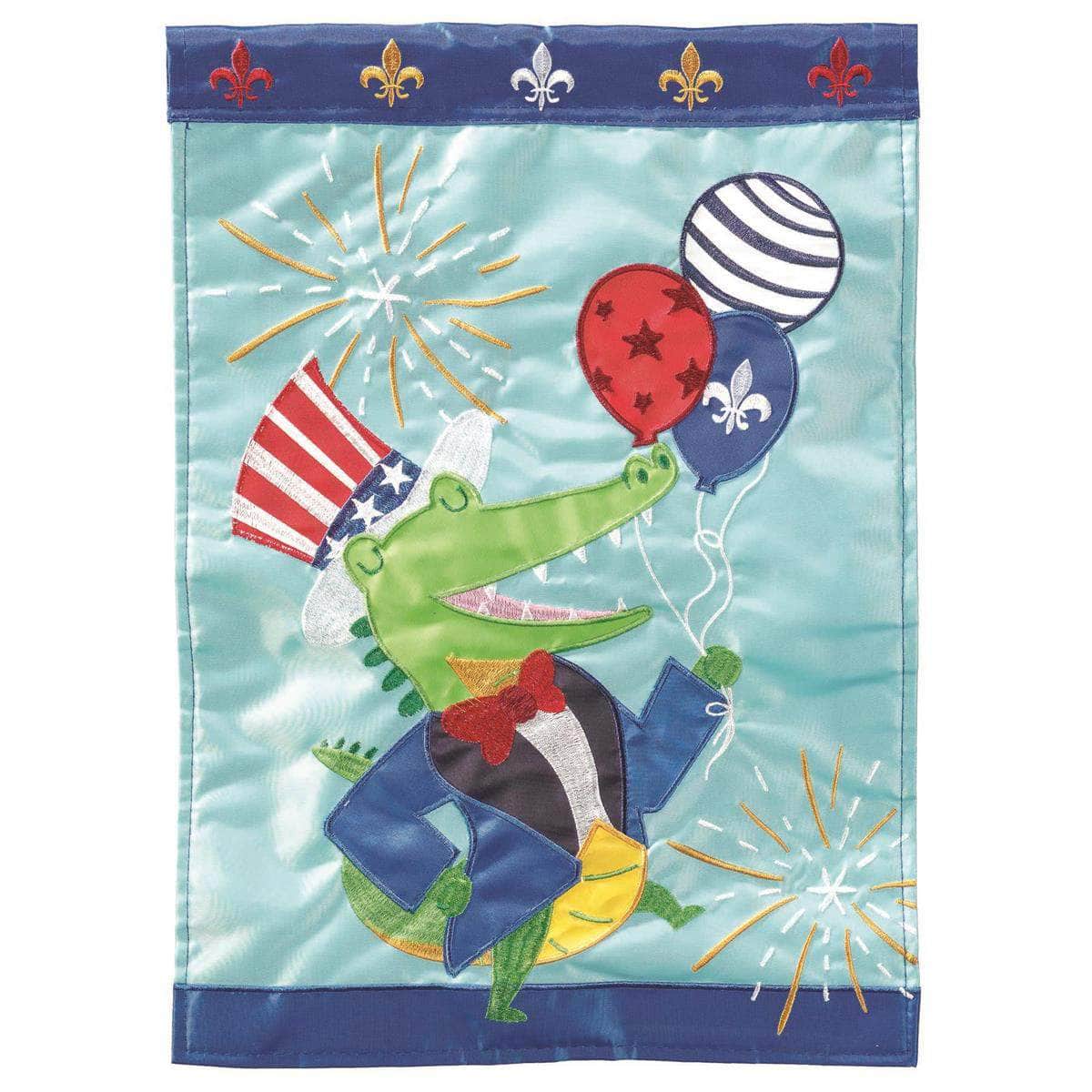 Uncle Sam Alligator banner flag with vibrant design, intricate embroidery, and durable construction for patriotic outdoor decor.