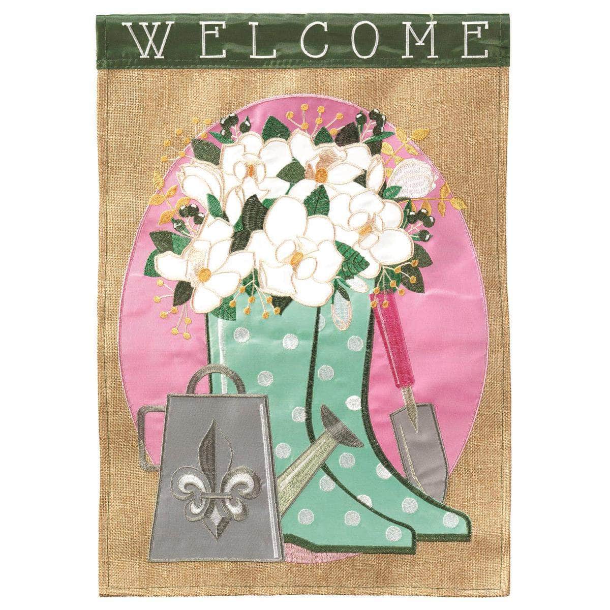 Welcome Fleur-De-Lis Boots banner flag with vibrant design, intricate embroidery, and durable construction for Southern outdoor decor.