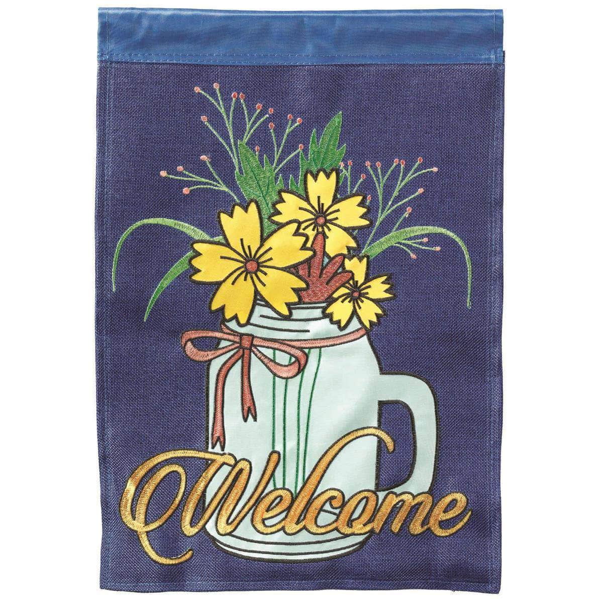 Welcome Flowers in Jar banner flag with vibrant design, intricate embroidery, and durable construction for outdoor floral decor.