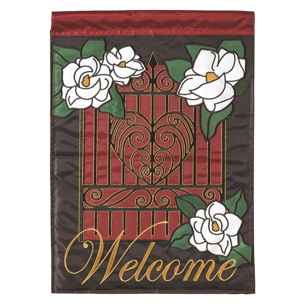 Welcome Plantation Magnolia Garden Flag with double-thickness design, intricate applique stitching, and durable nylon construction for elegant outdoor décor.