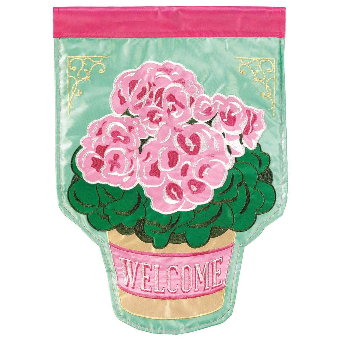Welcome Potted Geraniums banner flag with vibrant design, intricate embroidery, and durable construction for floral outdoor decor.