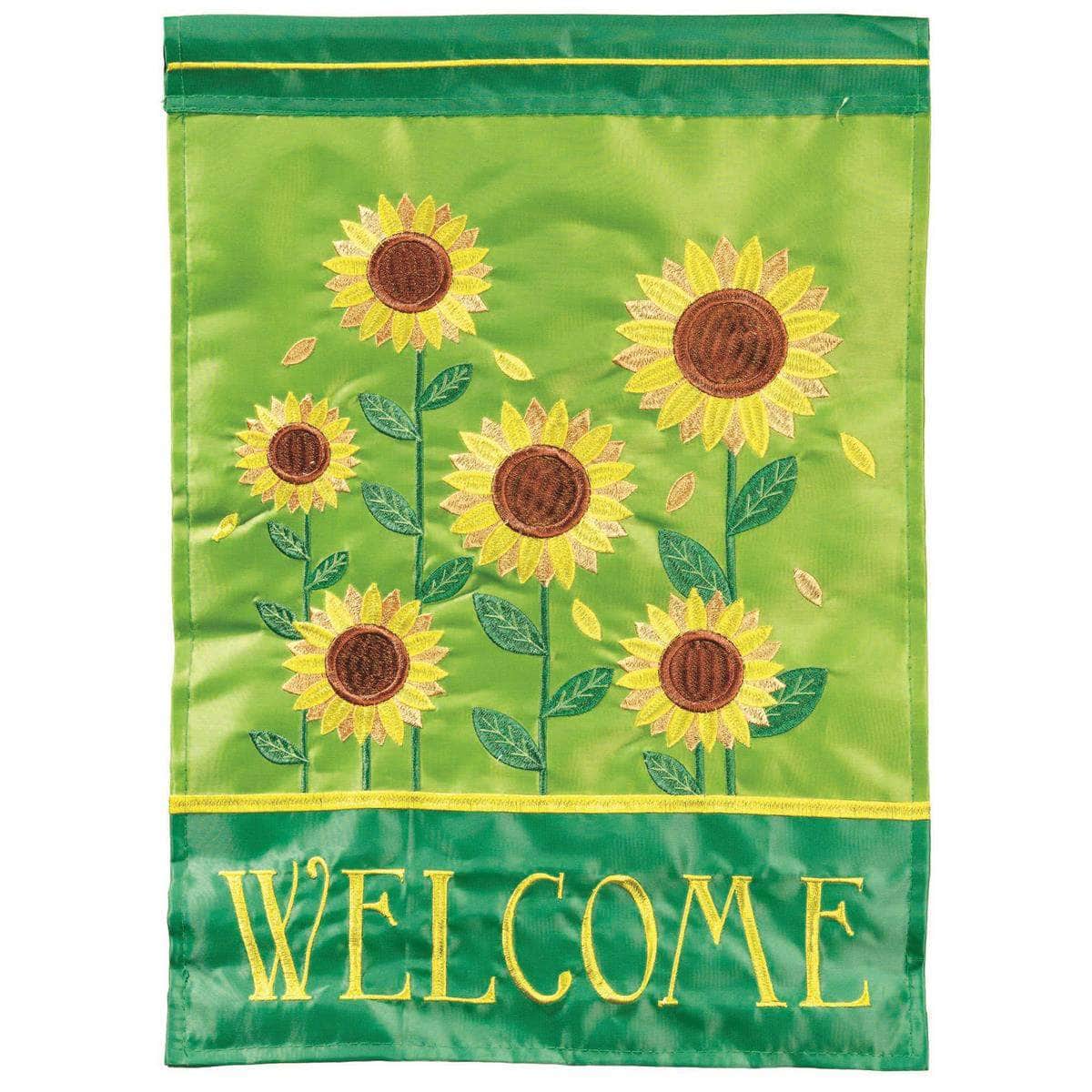 Welcome Sunflower banner flag with vibrant design, intricate embroidery, and durable construction for outdoor floral decor.