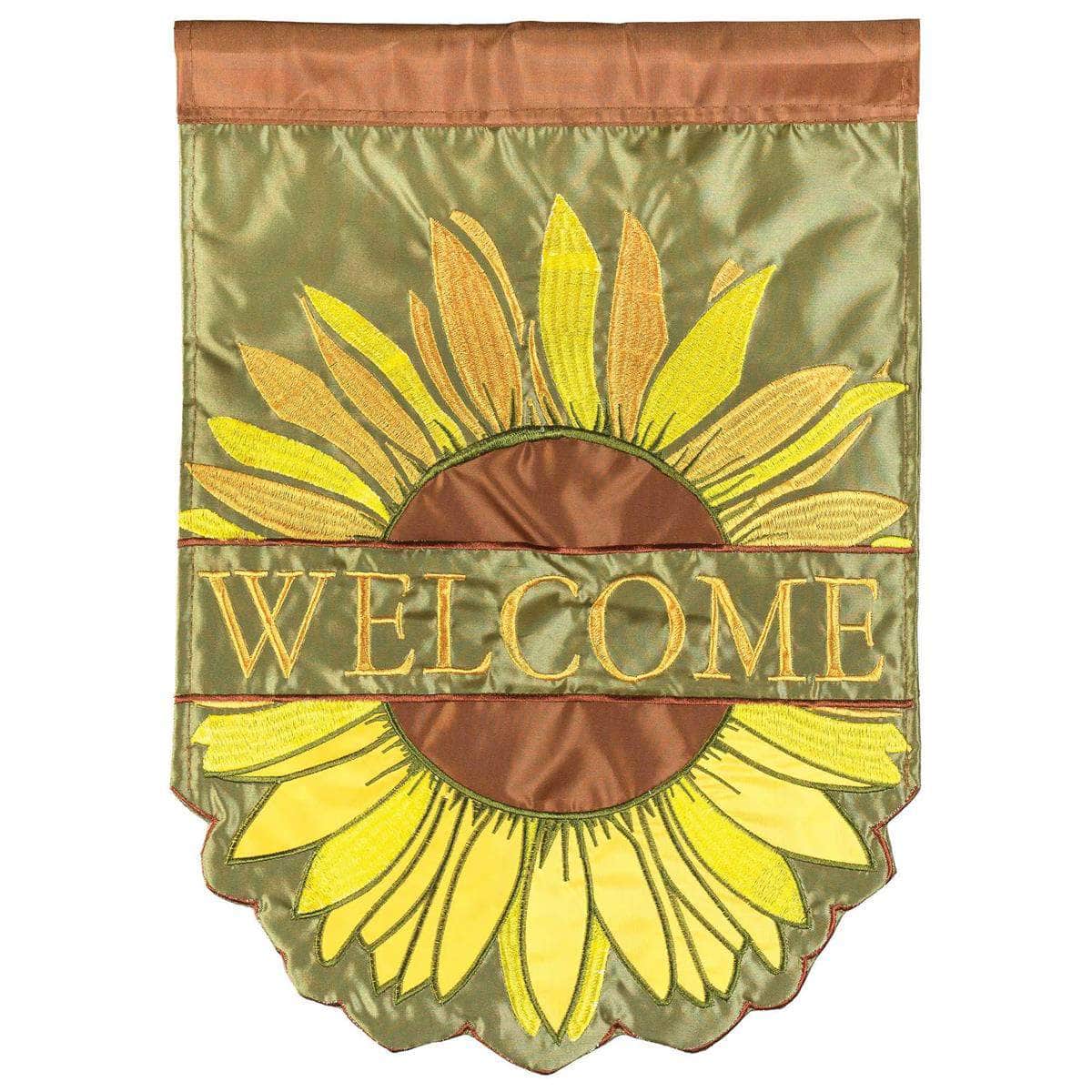 Welcome Sunflowers banner flag with vibrant design, intricate embroidery, and durable construction for outdoor decor.