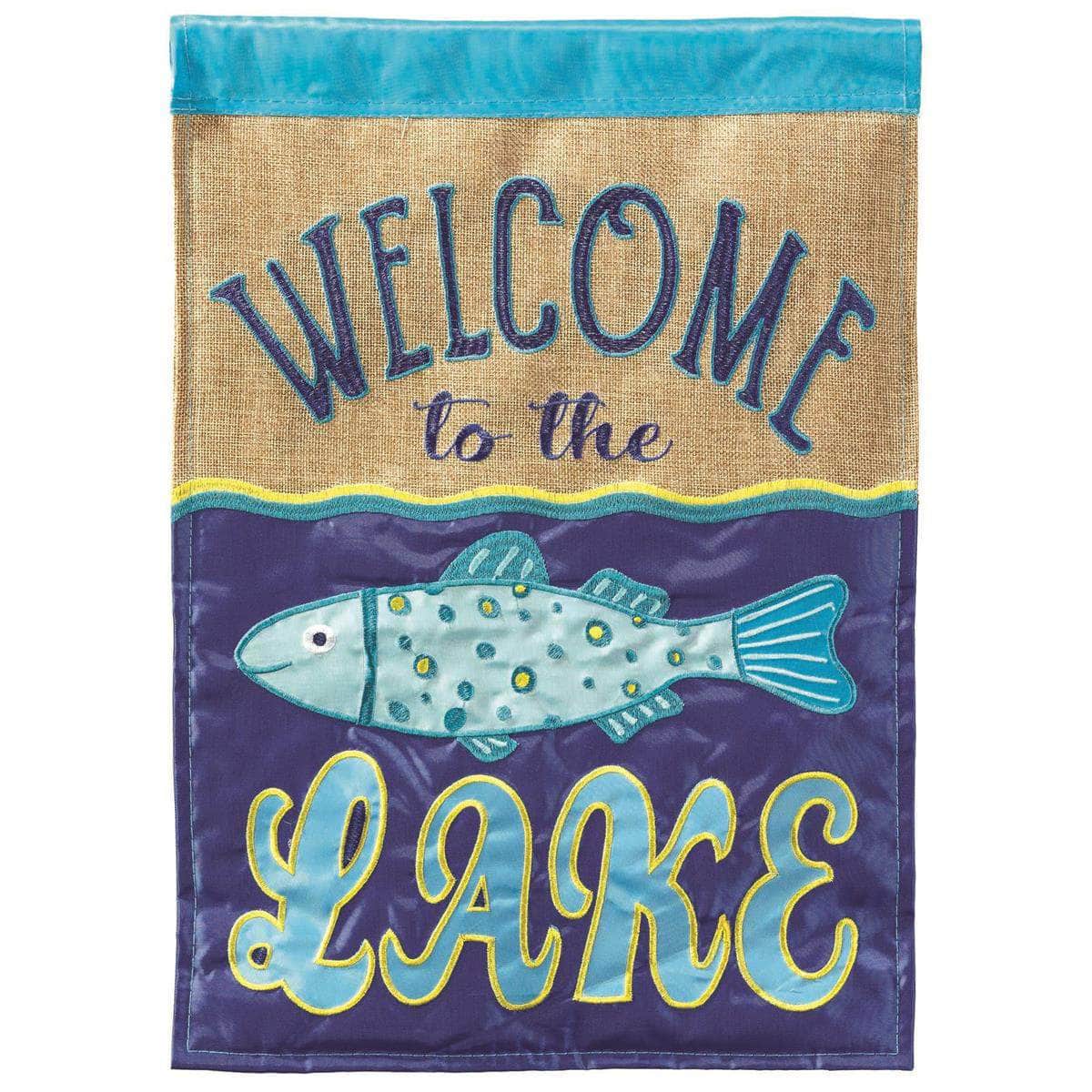 Welcome To The Lake banner flag with vibrant design, intricate embroidery, and durable construction for lakeside outdoor decor.