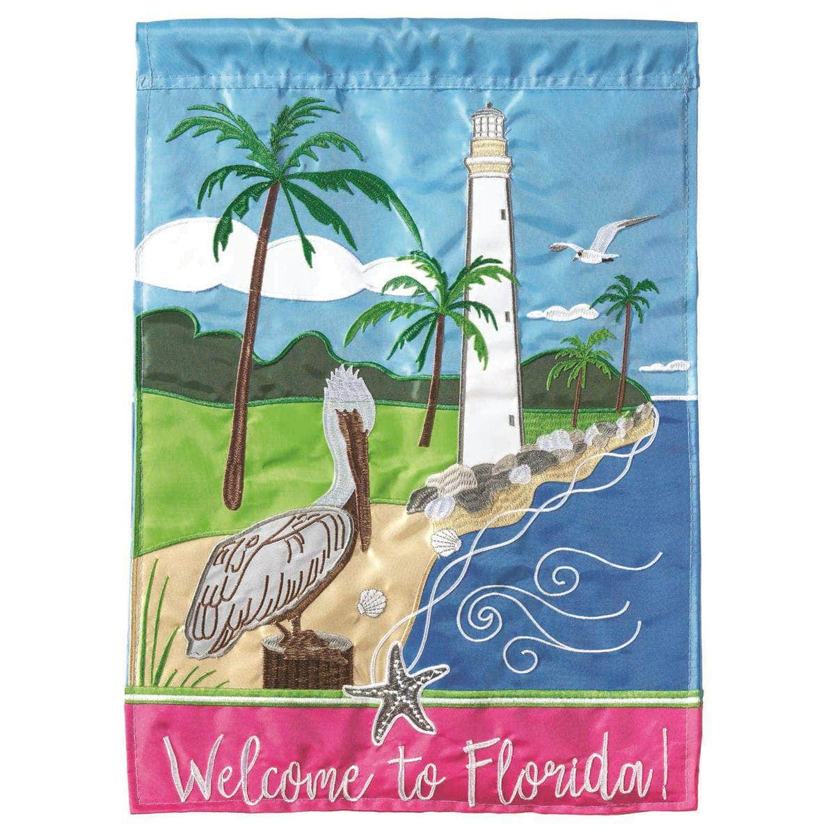 Welcome to Florida Garden Flag with double-thickness design, intricate applique stitching, and durable nylon construction for tropical outdoor décor.