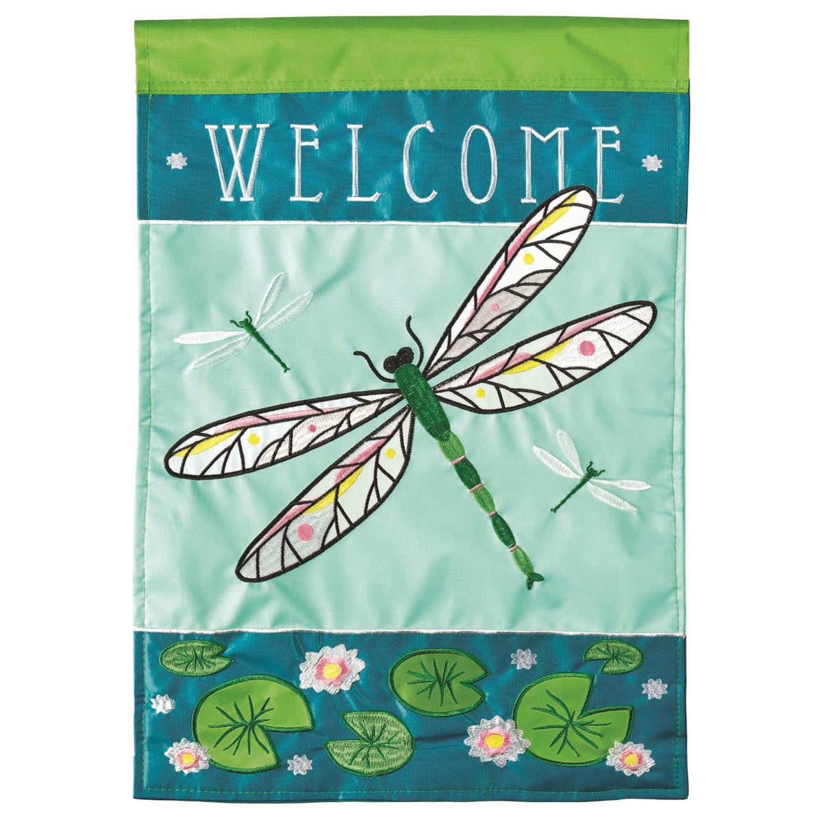 Welcome Dragonfly flag with vibrant design, intricate embroidery, and durable construction for nature-inspired outdoor decor.