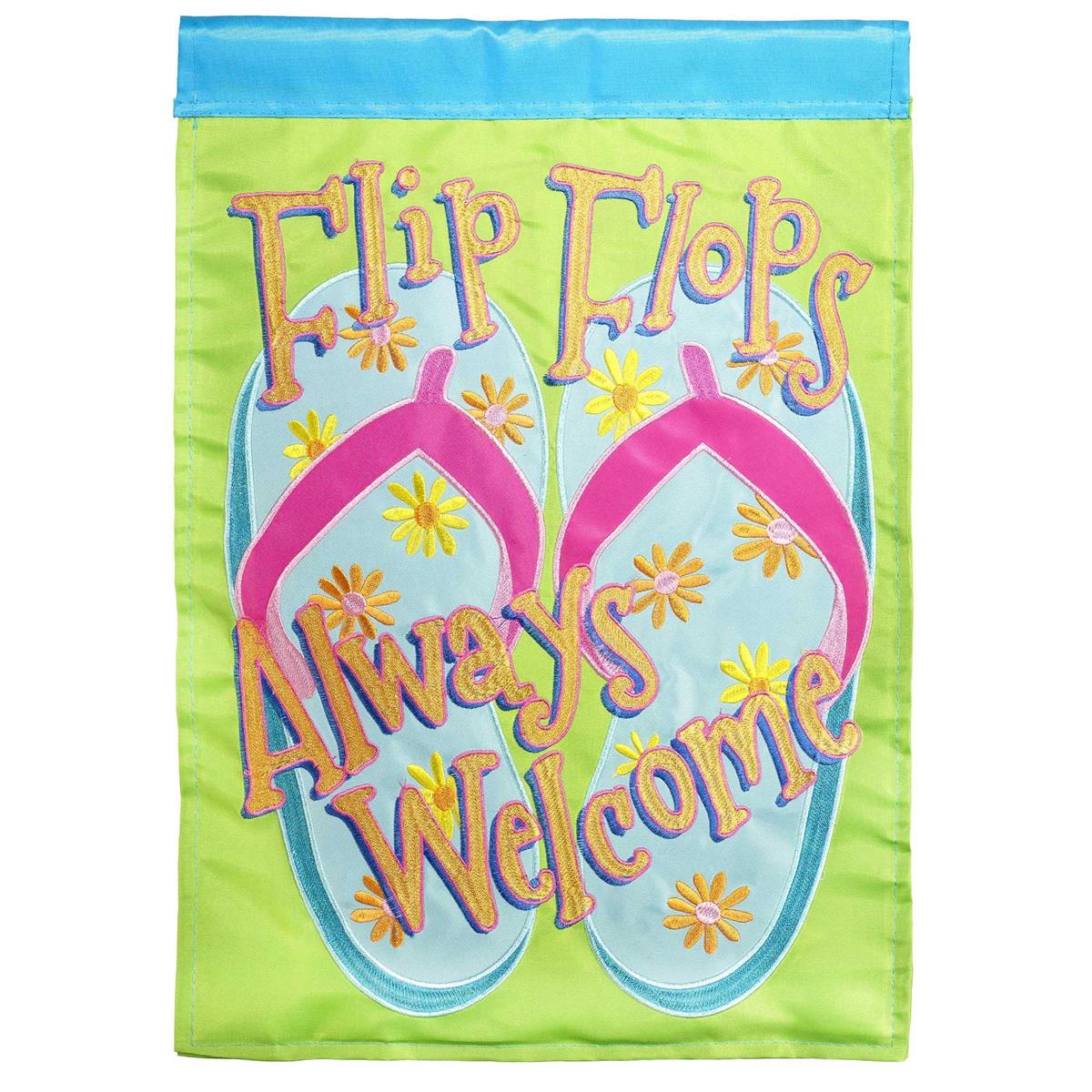 Welcome Flip Flops flag with playful design, intricate embroidery, and durable construction for summer outdoor decor.