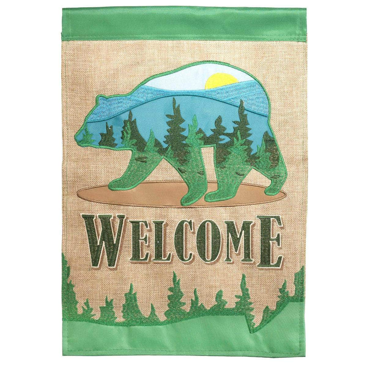 Welcome Mountain Bear flag with detailed design, intricate embroidery, and durable construction for nature-inspired outdoor decor.