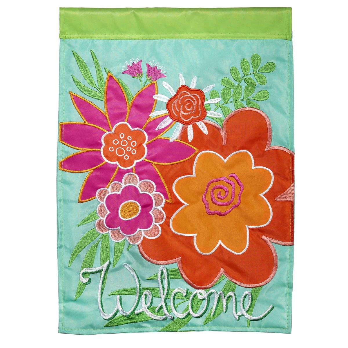 Welcome Summer Floral flag with vibrant design, detailed embroidery, and durable construction for summer outdoor decor.