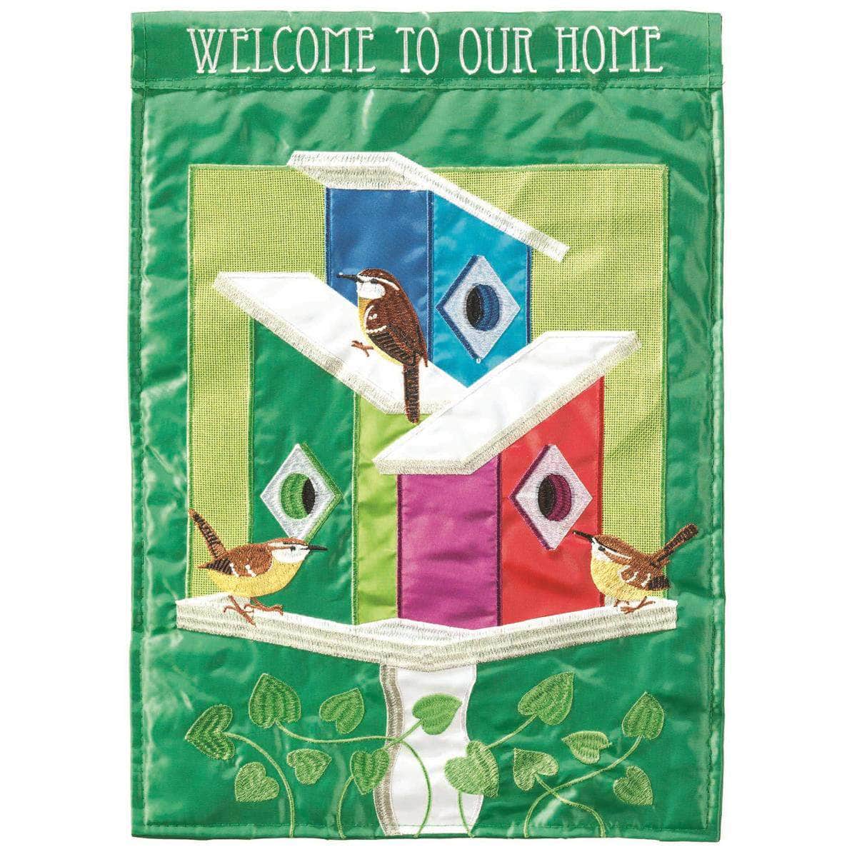 Welcome To Our Home Burlap flag with rustic design, intricate embroidery, and durable construction for welcoming outdoor decor.