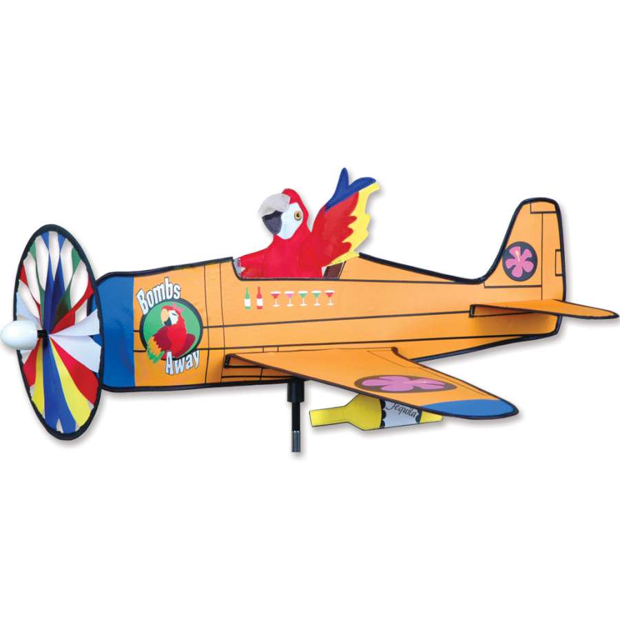 Bombs Away airplane spinner with 30 in. wingspan, parrot pilot design, durable polyester, fiberglass frame, 8.5 in. propeller, and ground stake included.