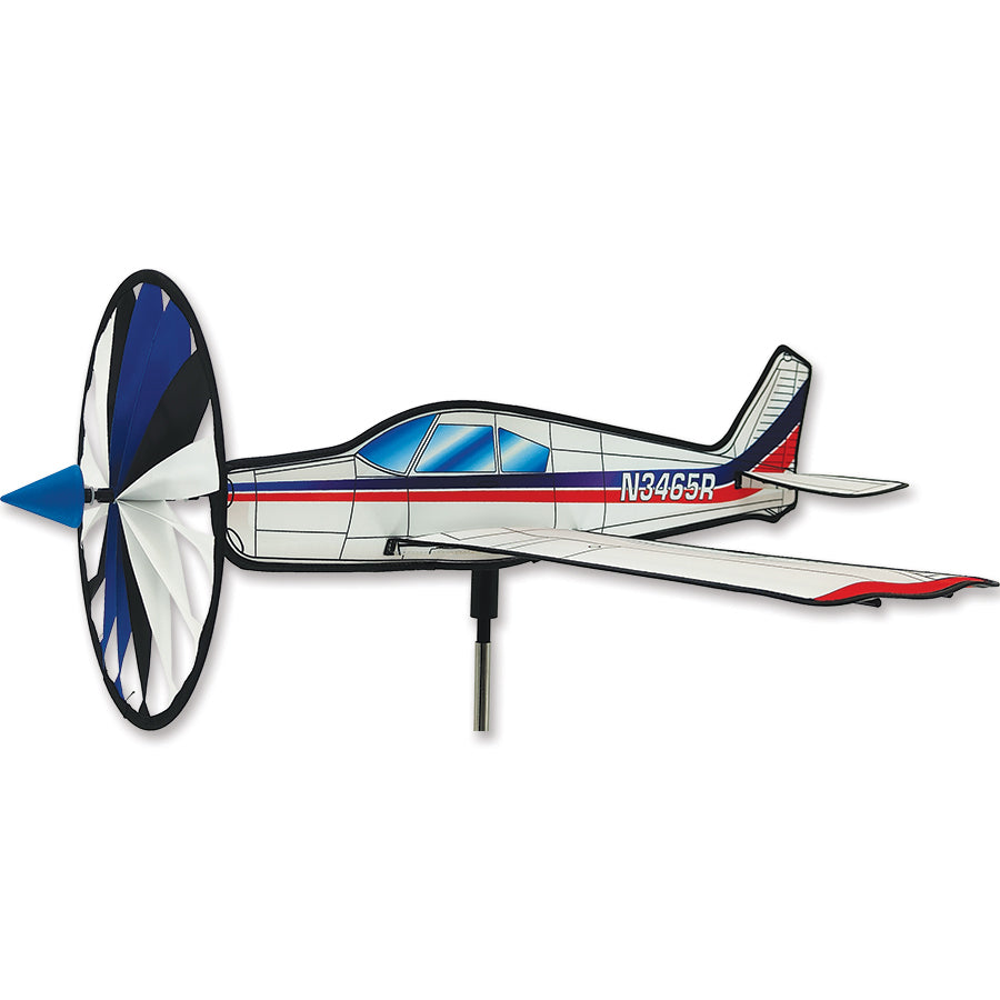 Piper Cherokee airplane spinner featuring 10 in. spinning prop, red-white-blue fuselage, fiberglass frame, and compact 21.5 in. wingspan.