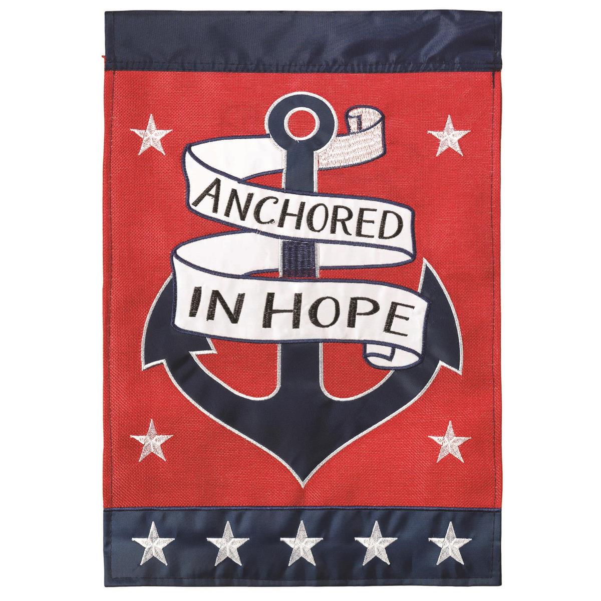 Anchored In Hope Burlap 29x42 Flag featuring double applique design, durable polyester, and vibrant embroidery for meaningful outdoor décor.