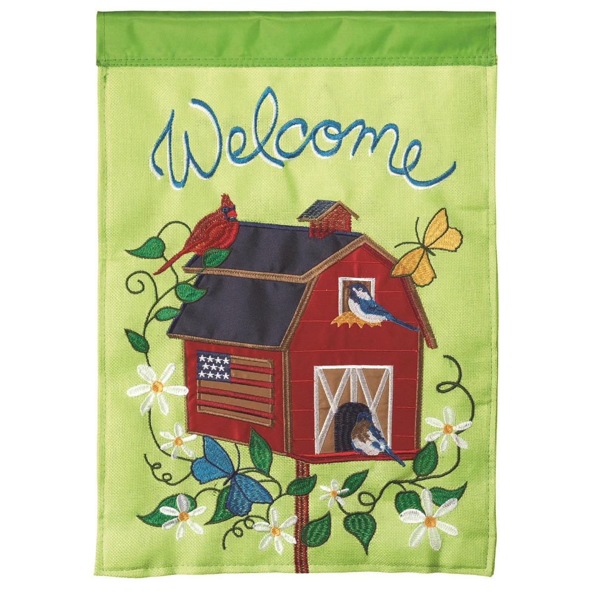 Barn Birdhouse Welcome Burlap 29x42 Flag featuring double applique design, durable polyester, and vibrant embroidery for rustic outdoor décor.