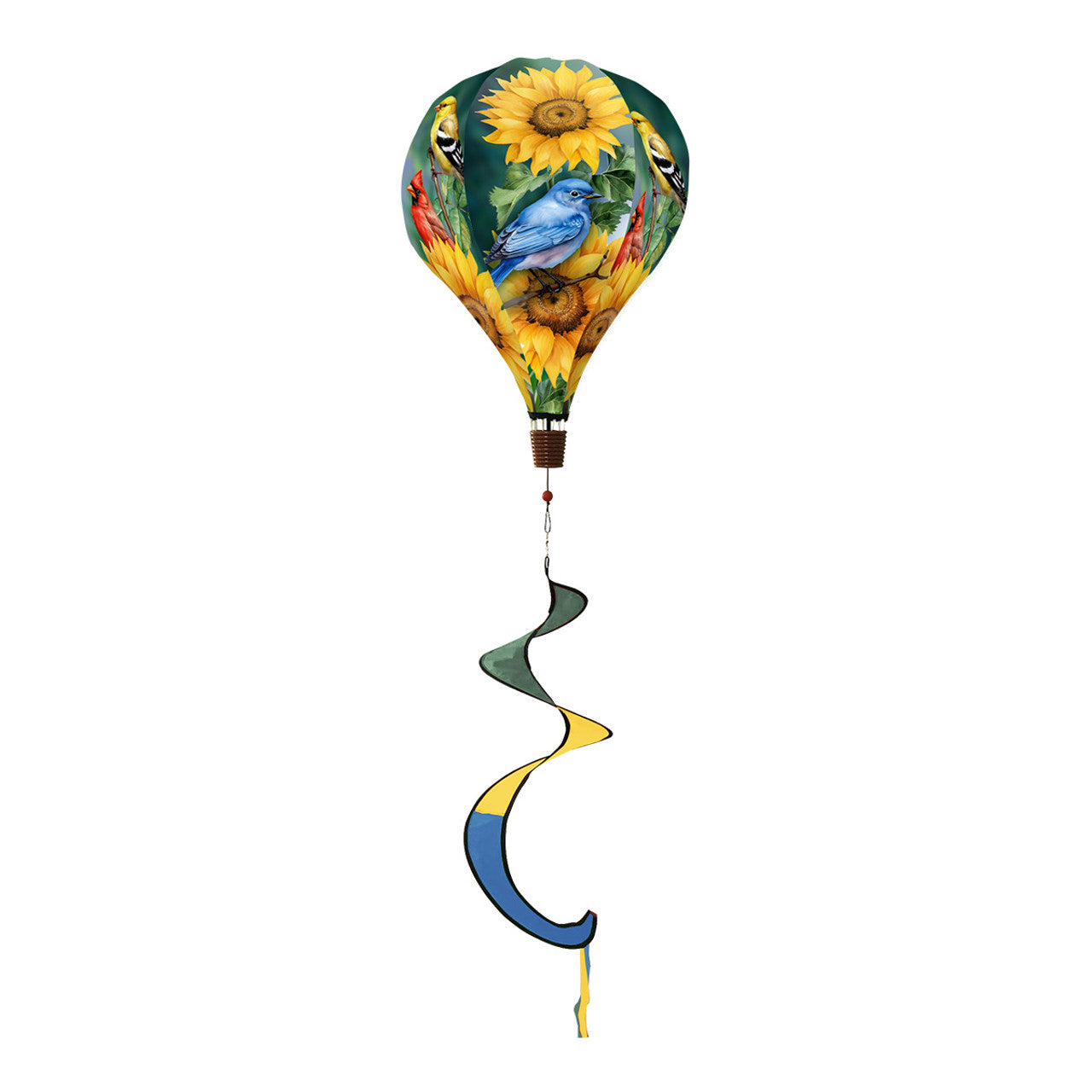 Hot air balloon spinner with songbirds and florals, durable polyester design, and breezy tail for peaceful, nature-inspired garden or patio décor.