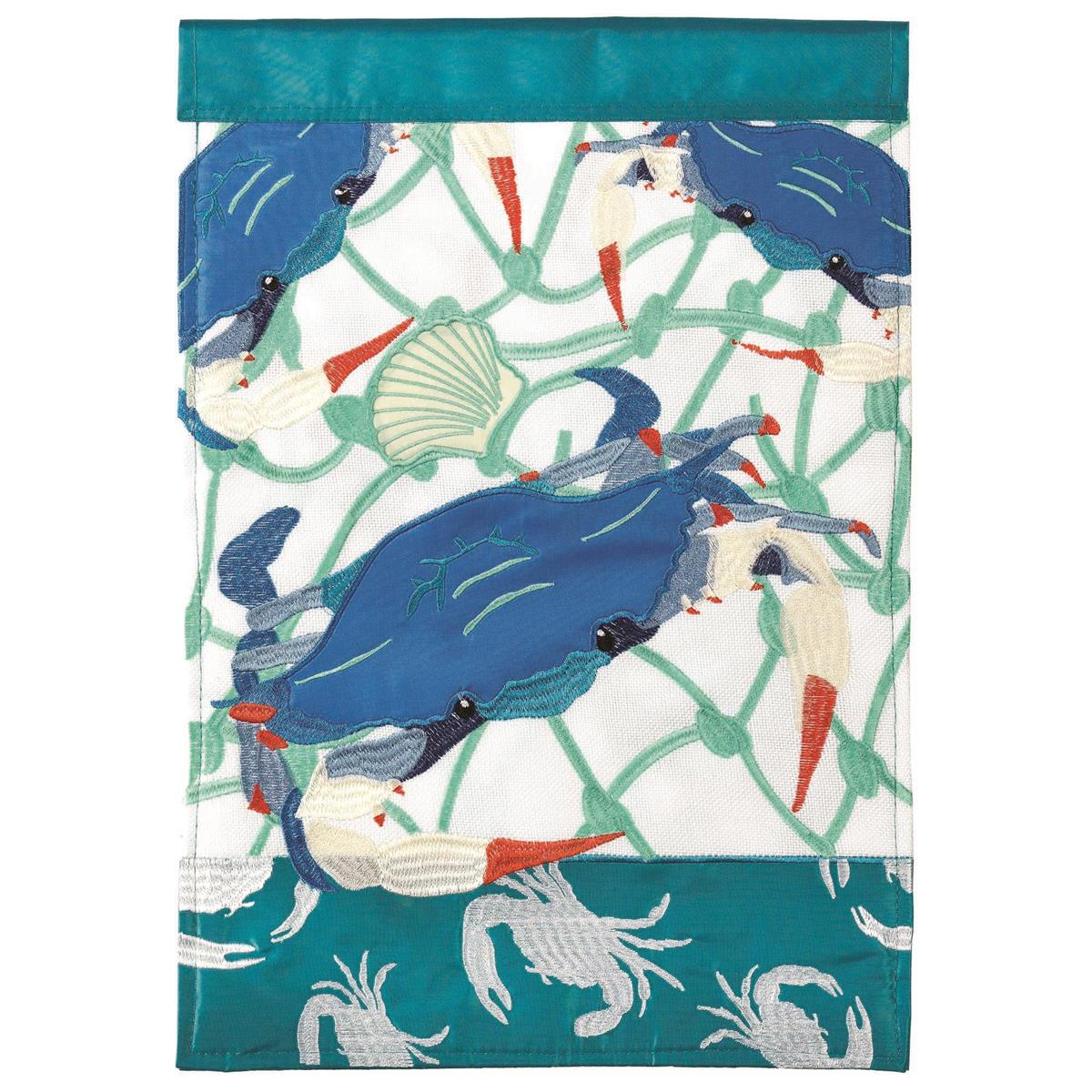 Blue Crab 29x42 Flag featuring double applique design, durable polyester, and vibrant embroidery for coastal outdoor décor.
