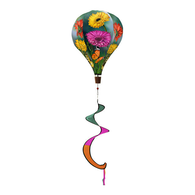 Hot air balloon spinner with butterflies and daisies, durable polyester, and flowing tail for colorful, nature-inspired spring and summer garden décor.