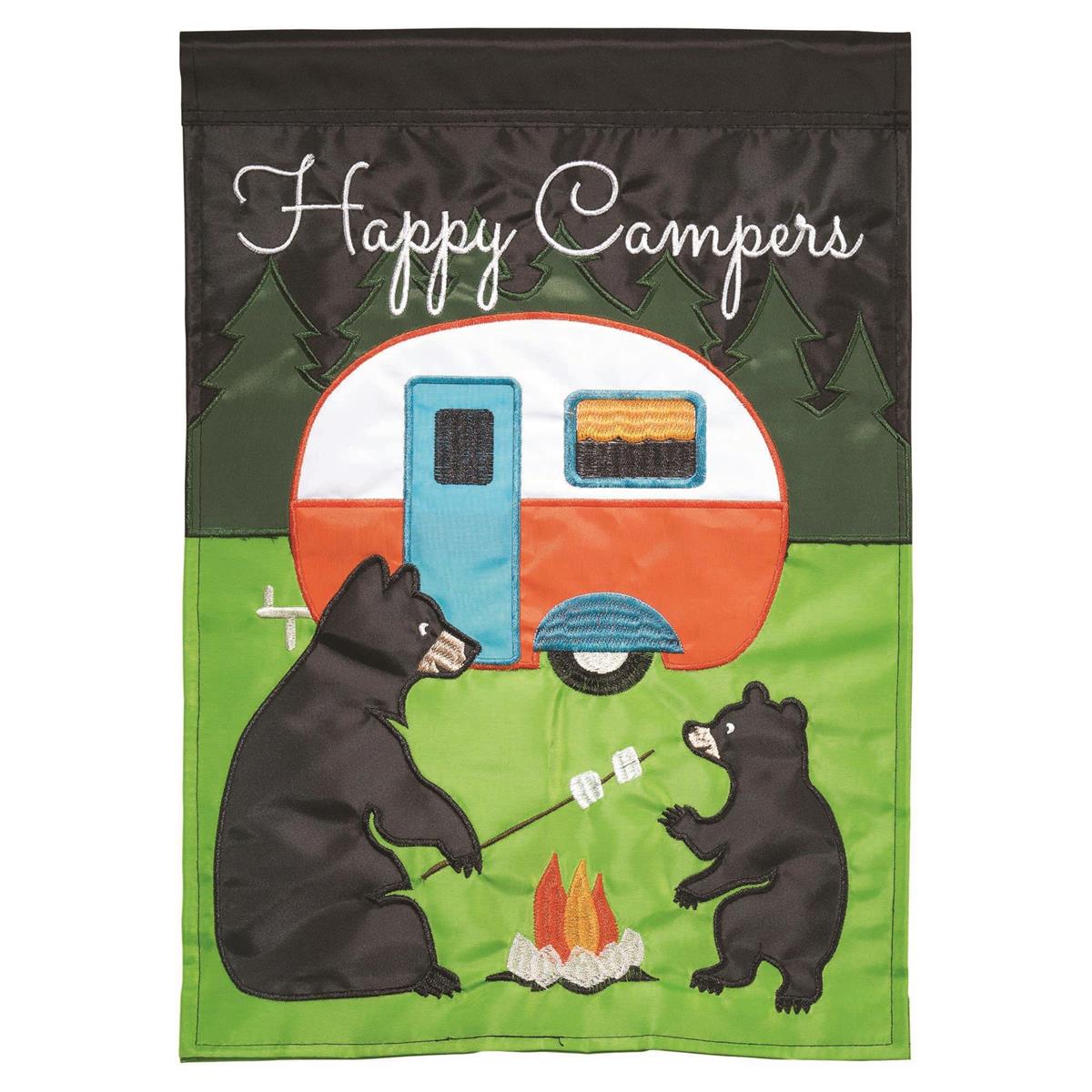 Camper Bears 29x42 Flag featuring double applique design, durable polyester, and vibrant embroidery for nature-inspired outdoor décor.