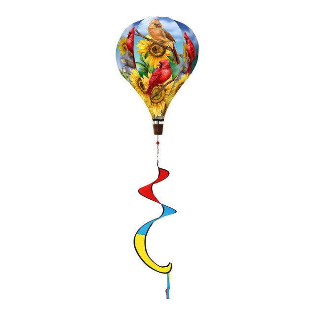 Hot air balloon spinner with bright red cardinals and golden sunflowers, made of weather-resistant polyester for colorful, breezy outdoor seasonal décor.