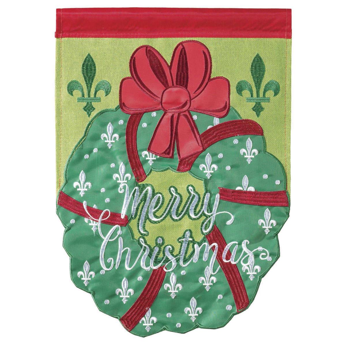 Christmas Wreath 29x42 Flag featuring double applique design, durable polyester, and vibrant embroidery for festive holiday outdoor décor.