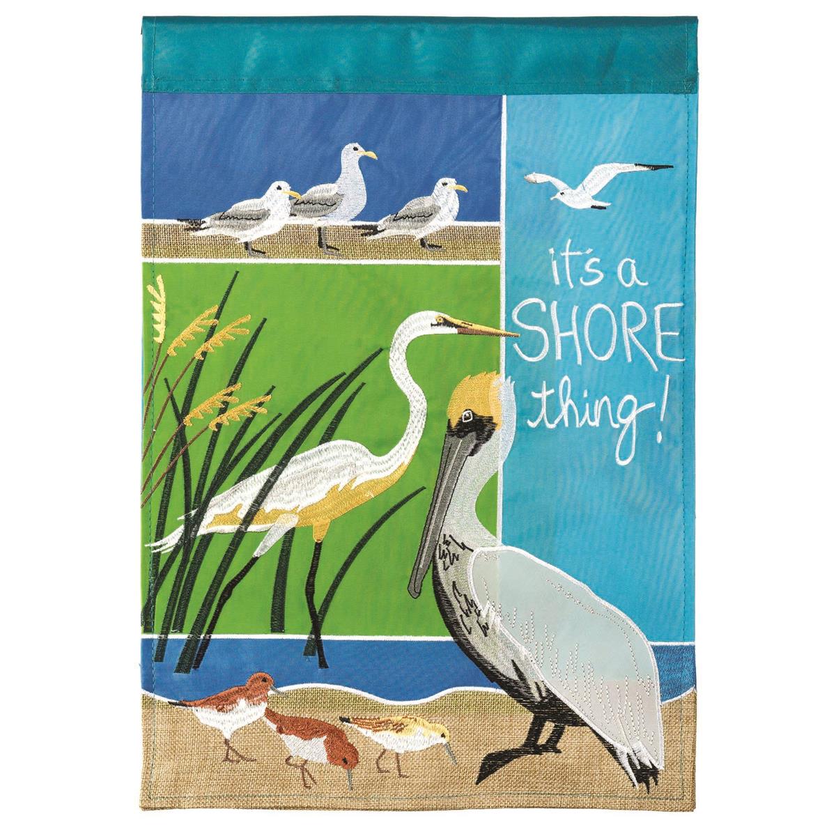 Coastal Birds 29x42 Flag featuring double applique design, durable polyester, and vibrant embroidery for coastal outdoor décor.