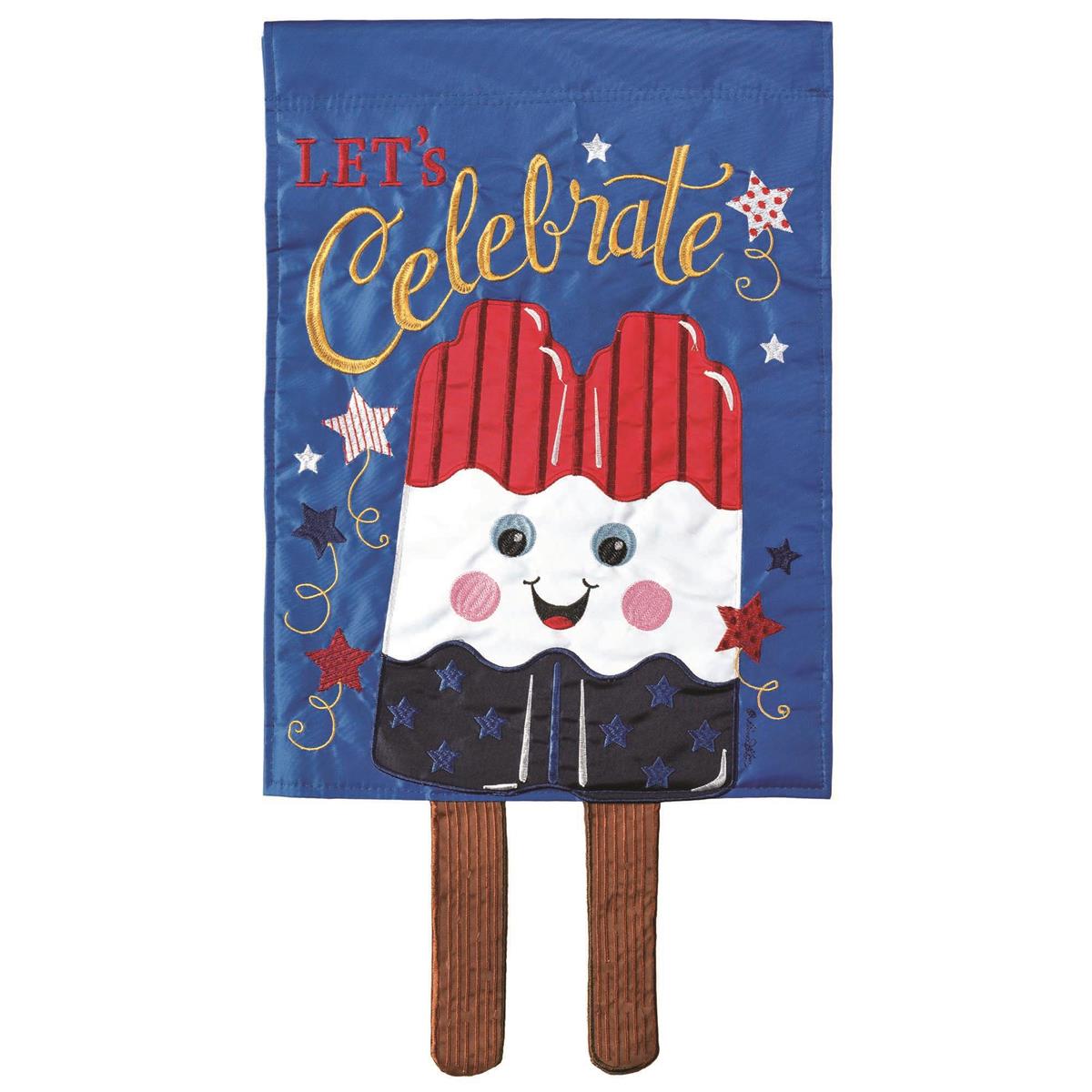 Crazy Leg Popsicle Stick Patriotic garden flag with playful leg dangles, double-sided applique design, made from durable 300-denier nylon for outdoor use.