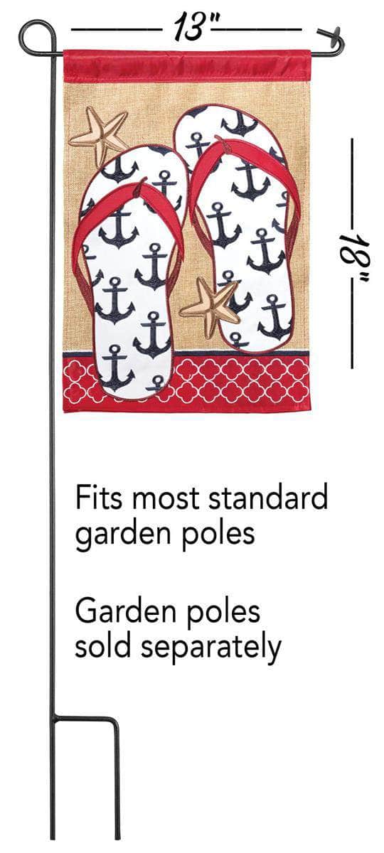 Anchor Flip Flops Burlap Garden Flag with double-thickness design, intricate applique stitching, and durable burlap and nylon construction for beach-inspired outdoor décor.