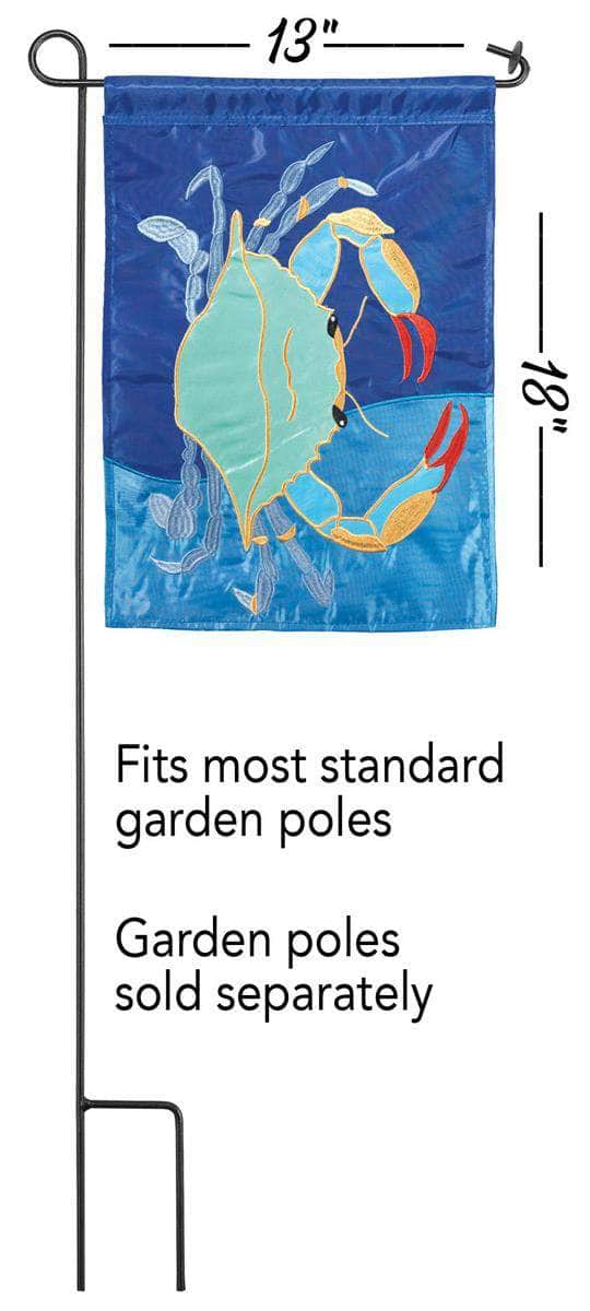 Blue Crab Garden Flag with double-thickness design, intricate applique stitching, and durable nylon construction for coastal outdoor décor.