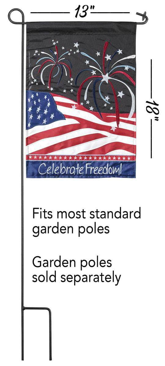 Celebrate Freedom Garden Flag with double-thickness design, intricate applique stitching, and durable nylon construction for patriotic outdoor décor.