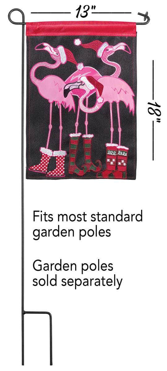 Christmas Flamingos Garden Flag with double-thickness design, intricate applique stitching, and durable nylon construction for tropical holiday décor.