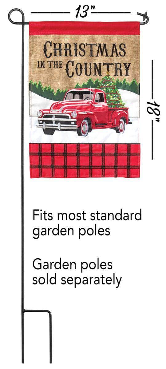 Christmas in the Country Garden Flag with double-thickness design, intricate applique stitching, and durable nylon construction for rustic holiday décor.