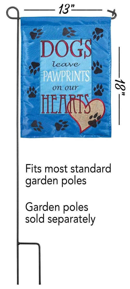 Dogs Leave Pawprints Garden Flag with double-thickness design, intricate applique stitching, and durable nylon construction for dog lover outdoor décor.