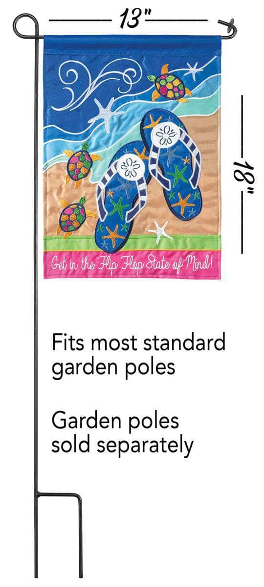 Flip Flop State of Mind Garden Flag with double-thickness design, intricate applique stitching, and durable nylon construction for coastal outdoor décor.