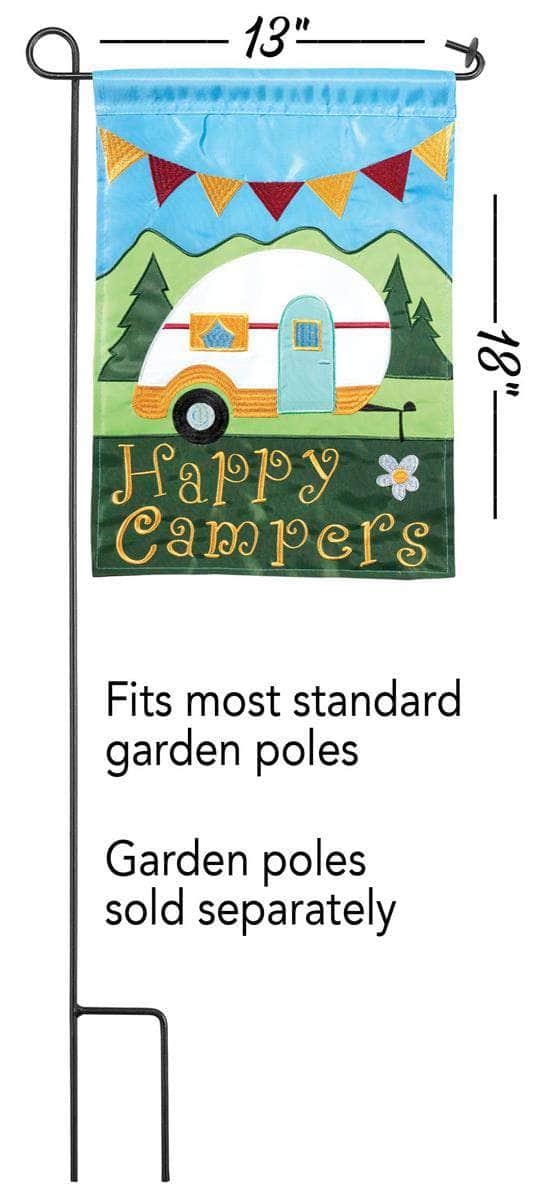 Happy Campers Garden Flag with double-thickness design, intricate applique stitching, and durable nylon construction for outdoor adventure décor.