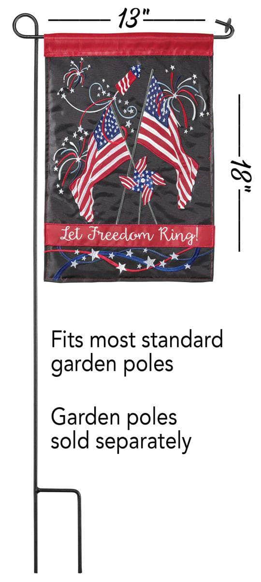 Let Freedom Ring Garden Flag with double-thickness design, intricate applique stitching, and durable nylon construction for patriotic outdoor décor.