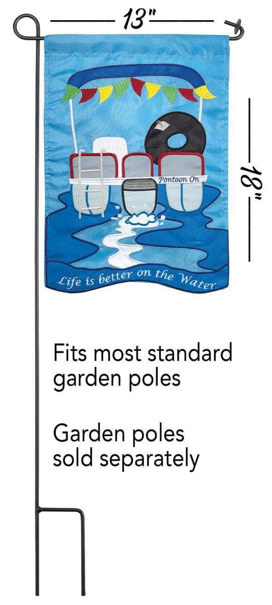 Life Is Better On Water Garden Flag with double-thickness design, intricate applique stitching, and durable nylon construction for waterfront outdoor décor.